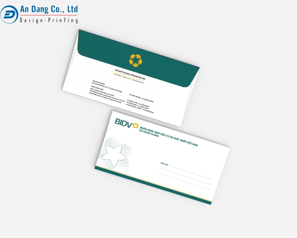 Mẫu bao thư của ngân hàng BIDV với nắp xanh, thân trắng
