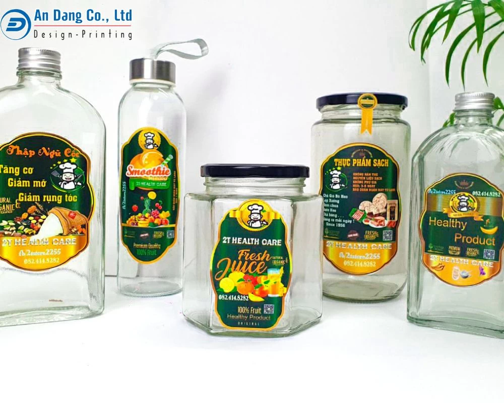 Mẫu tem nhãn dán trên chai lọ với những kích cỡ khác nhau