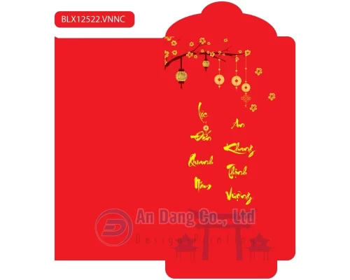Hình bao lì xì truyền thống màu đỏ có câu chúc “Lộc đến quanh năm - An khang thịnh vượng”
