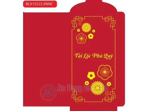 Hình bao lì xì truyền thống màu đỏ, hoa mai kèm câu chúc “Tài lộc phú quý”