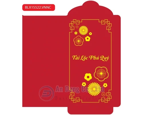 Hình bao lì xì truyền thống màu đỏ, hoa mai kèm câu chúc “Tài lộc phú quý”