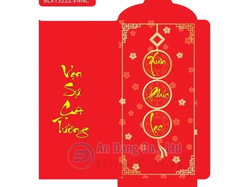 Hình bao lì xì truyền thống màu đỏ, hoa mai kèm chữ thư pháp “Vạn sự cát tường - Xuân phúc lạc”
