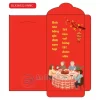 Hình bao lì xì màu đỏ có cảnh hoa mai, lồng đèn, gia đình sum họp kèm câu đối Tết