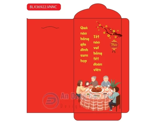 Hình bao lì xì màu đỏ có cảnh hoa mai, lồng đèn, gia đình sum họp kèm câu đối Tết