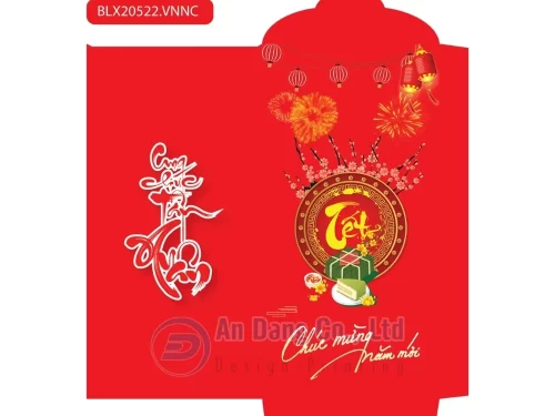 Mẫu bao lì xì màu đỏ có hình hoa mai, hoa đào, bánh chưng và lồng đèn