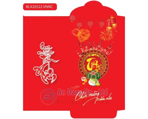 Mẫu bao lì xì màu đỏ có hình hoa mai, hoa đào, bánh chưng và lồng đèn
