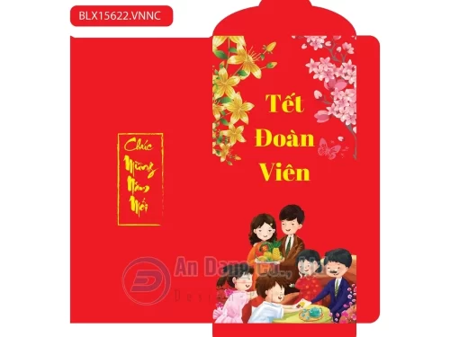 Hình bao lì xì màu đỏ có cảnh gia đình đoàn viên