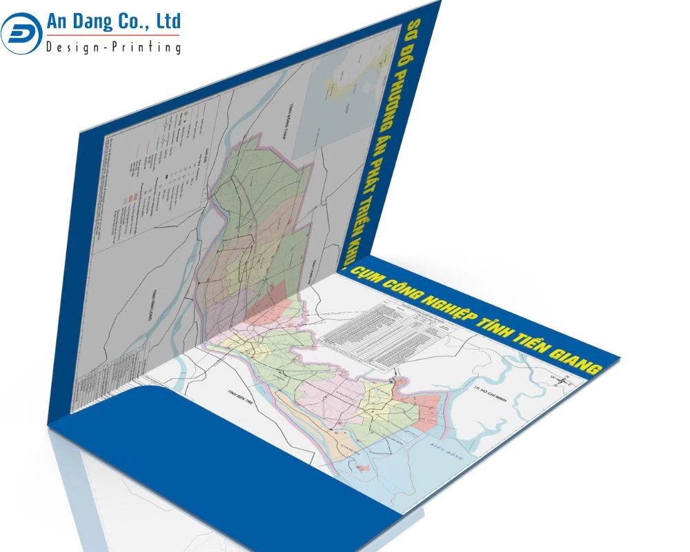 Mẫu folder nổi bật với gam màu xanh dương và có chèn thêm hình ảnh bản đồ phía trong