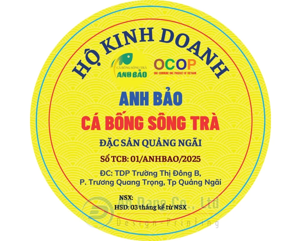 Mẫu ấn phẩm in nhãn mác chai lọ dạng tròn cho lọ đựng thực phẩm cá bống