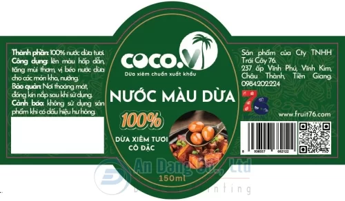 Mẫu ấn phẩm in tem dán chai nhựa cho sản phẩm nước màu dừa