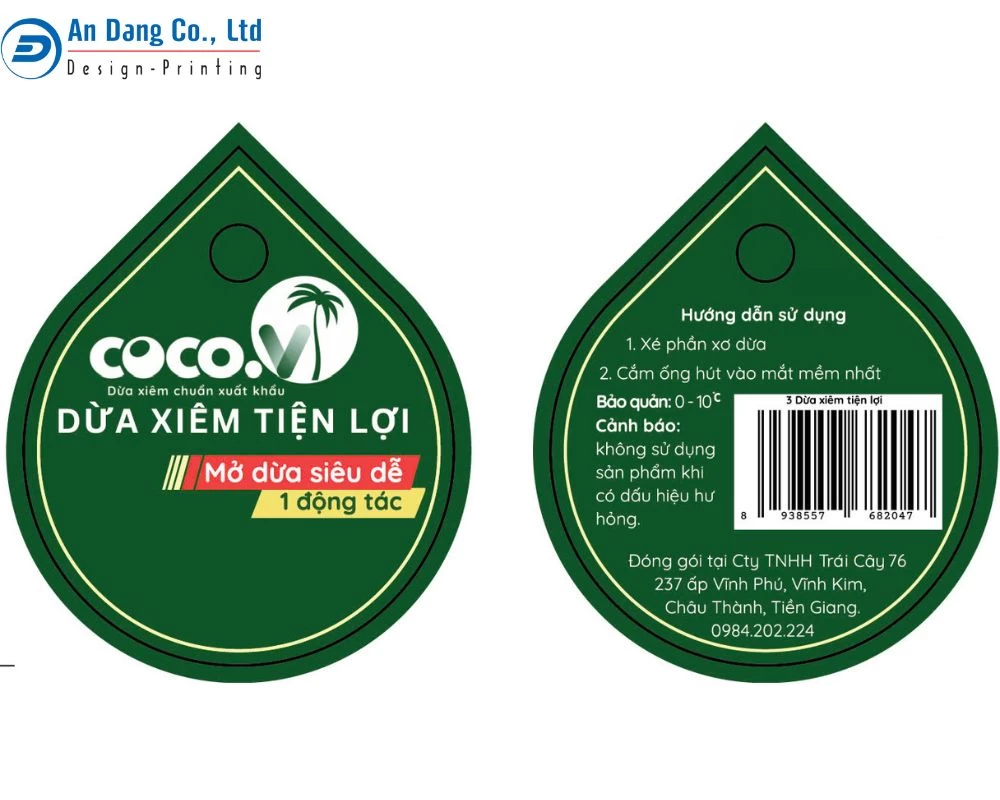 Mẫu tem nhãn hình giọt nước màu xanh với logo ấn tượng và những thông tin cơ bản của sản phẩm