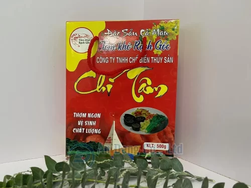 Mẫu hộp giấy có quai xách đựng tôm khô Rạch Gốc