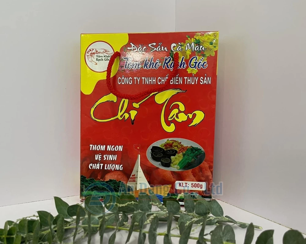 Mẫu hộp giấy có quai xách đựng tôm khô Rạch Gốc