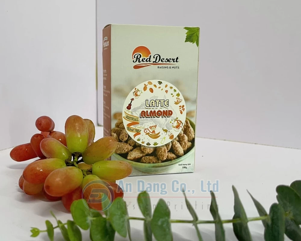 Mẫu hộp giấy đựng hạt hạnh nhân vị cafe latte