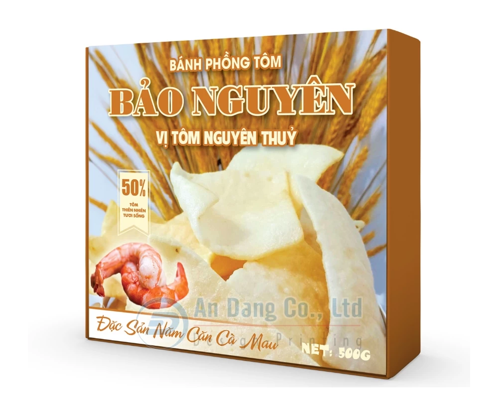 Mẫu hộp giấy đựng thực phẩm bánh phồng tôm