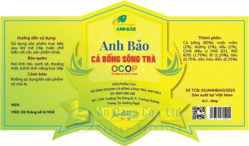 Mẫu tem nhãn chính cho sản phẩm cá bống sông Trà do In An Đăng thiết kế