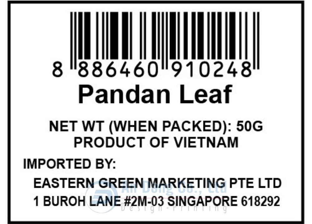 Mẫu tem nhãn phụ cho sản phẩm lá dứa xuất khẩu