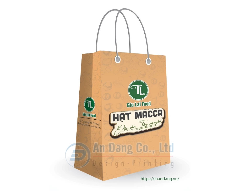Mẫu túi giấy đựng hạt macca cho thương hiệu Gia Lai Food