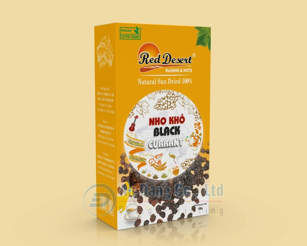 Mẫu thiết kế hộp giấy đựng thực phẩm nho khô phiên bản màu cam