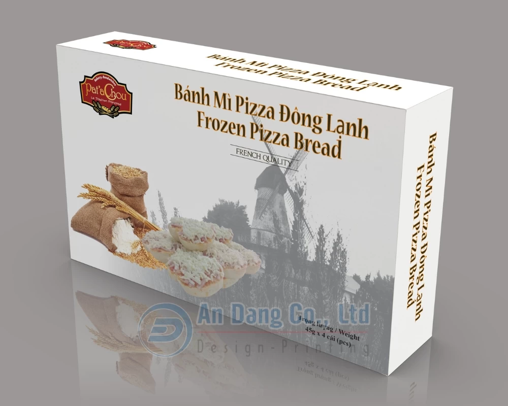 Mẫu thiết kế vỏ hộp giấy đựng bánh mì pizza đông lạnh phiên bản màu trắng