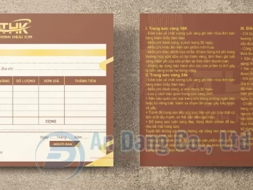 Mẫu giấy đảm bảo vàng do Xưởng In An Đăng thiết kế cho hiệu vàng Thịnh Hoài Kim