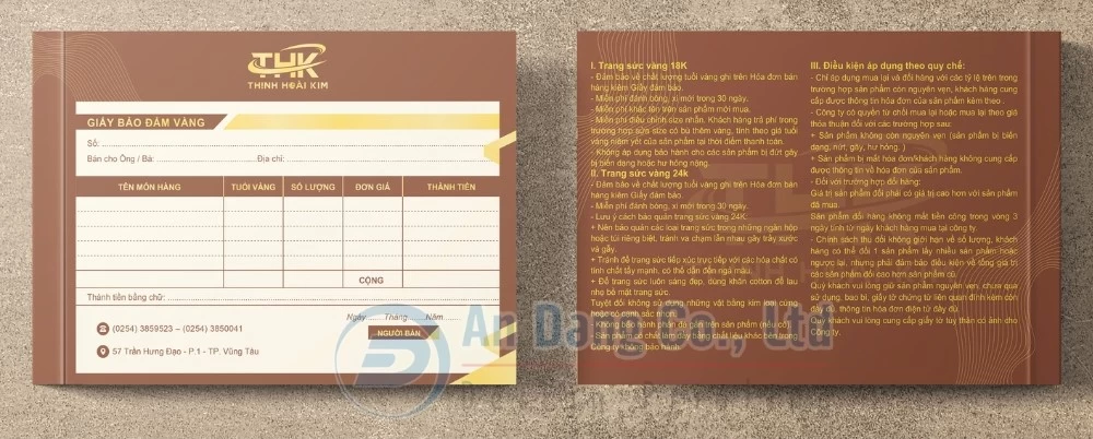 Mẫu giấy đảm bảo vàng do Xưởng In An Đăng thiết kế cho hiệu vàng Thịnh Hoài Kim