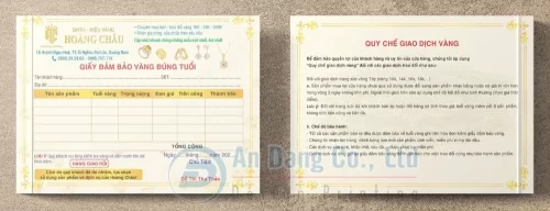 Mẫu giấy đảm bảo vàng do Xưởng In An Đăng thiết kế cho hiệu vàng Hoàng Châu