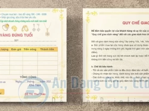 Mẫu giấy đảm bảo vàng do Xưởng In An Đăng thiết kế cho hiệu vàng Hoàng Châu