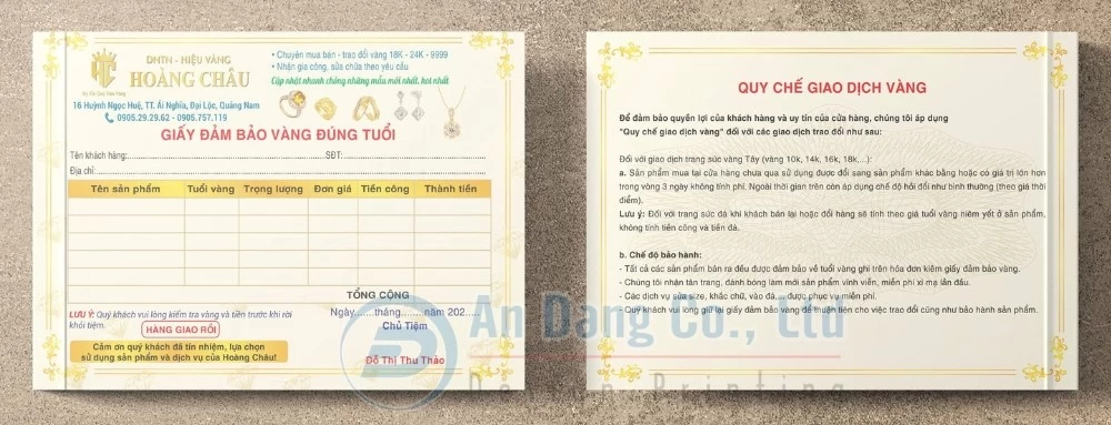 Mẫu giấy đảm bảo vàng do Xưởng In An Đăng thiết kế cho hiệu vàng Hoàng Châu