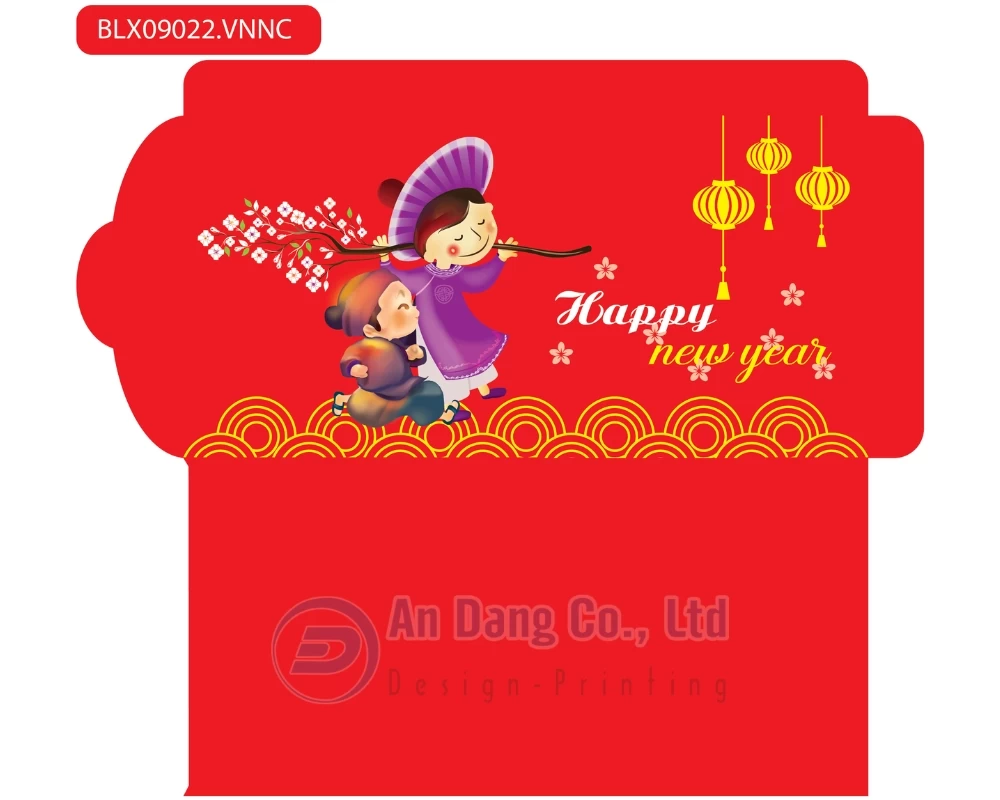 Mẫu bao lì xì cute vẽ hình hai người vui vẻ đón Tết