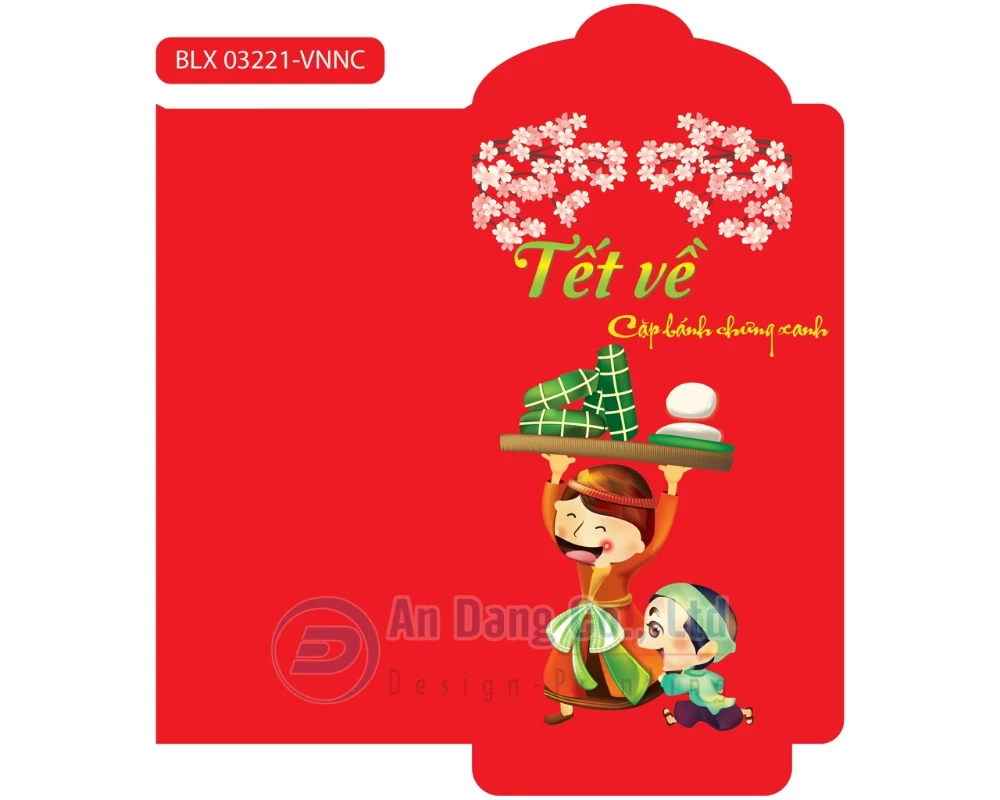 Mẫu bao lì xì cute vẽ hình hai mẹ con hào hứng ăn Tết