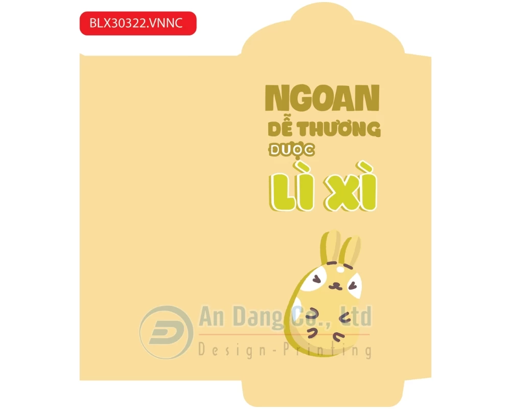 Mẫu bao lì xì cute với hình vẽ đáng yêu và thông điệp hài hước “Ngoan dễ thương được lì xì”