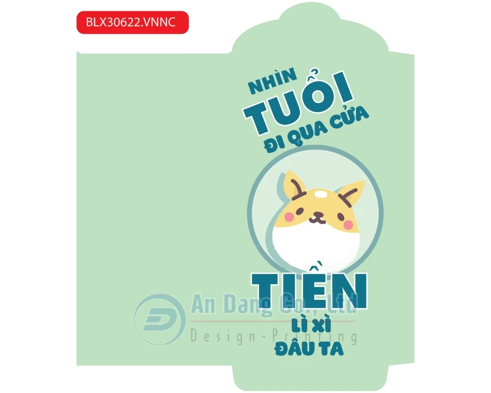 Mẫu bao lì xì cute với hình vẽ đáng yêu và thông điệp hài hước “Nhìn tuổi đi qua cửa, tiền lì xì đâu ta”