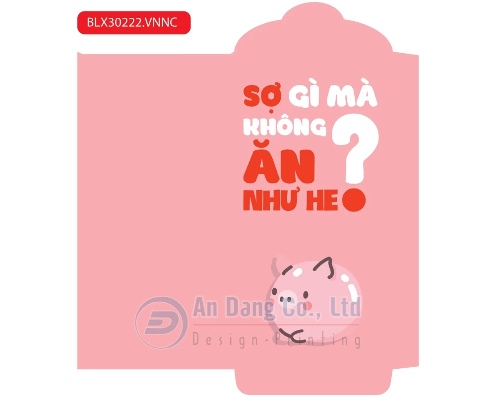 Mẫu bao lì xì cute với hình vẽ bé lợn đáng yêu và thông điệp hài hước “Sợ gì mà không ăn như heo?”