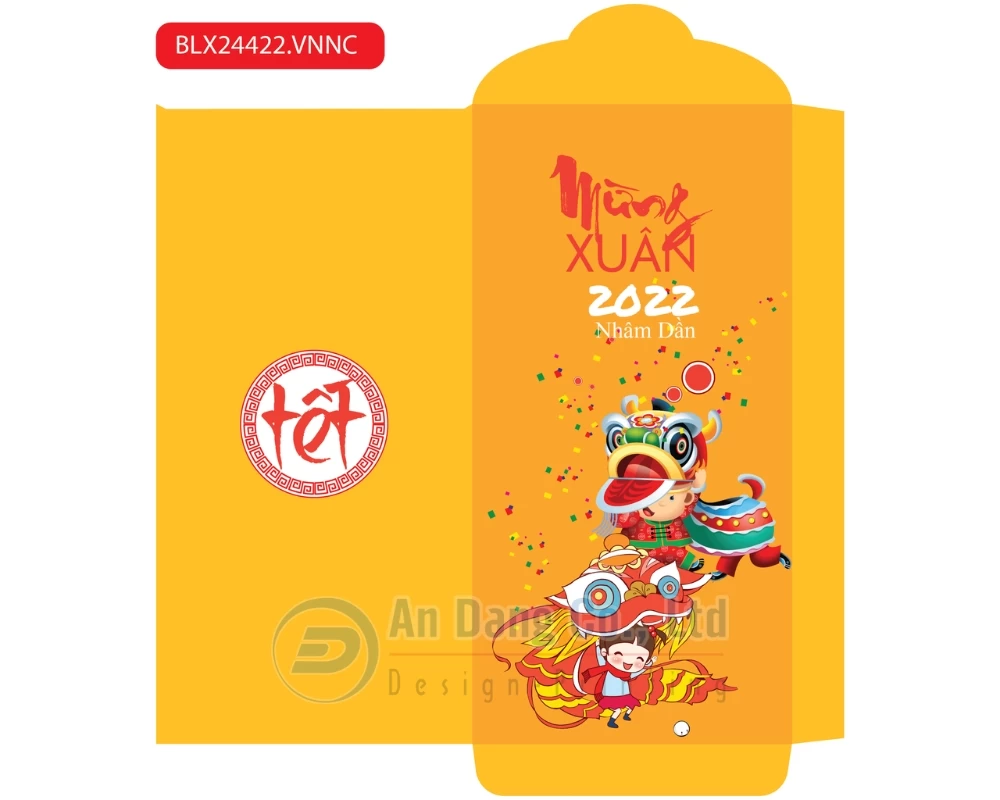 Hình bao lì xì cute vẽ khung cảnh múa lân vui tươi, rộn ràng