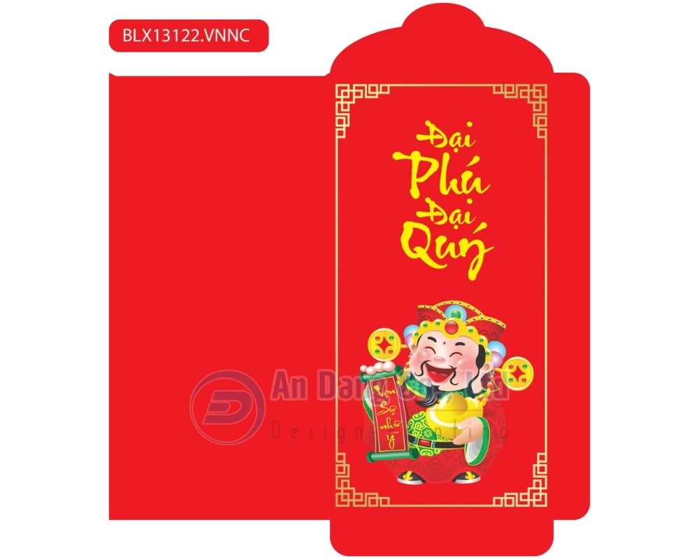 Mẫu bao lì xì cute vẽ hình ông thần tài cùng câu chúc “Đại phú đại quý”