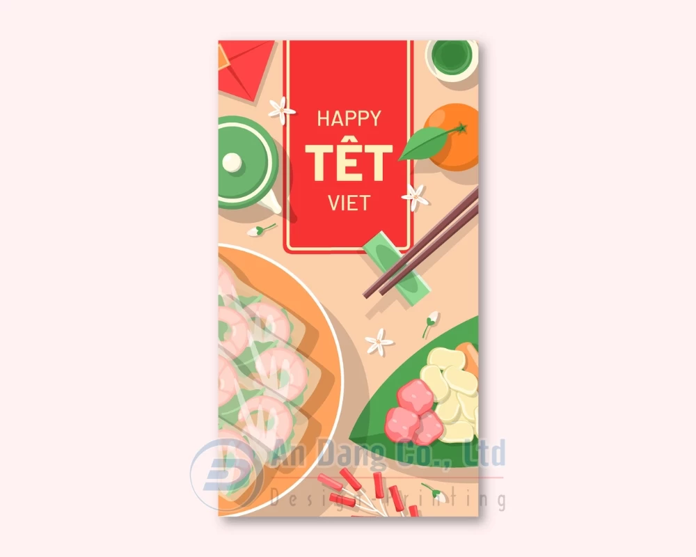Hình bao lì xì cute minh họa bàn ăn ngày Tết với màu sắc tươi sáng kiểu 2