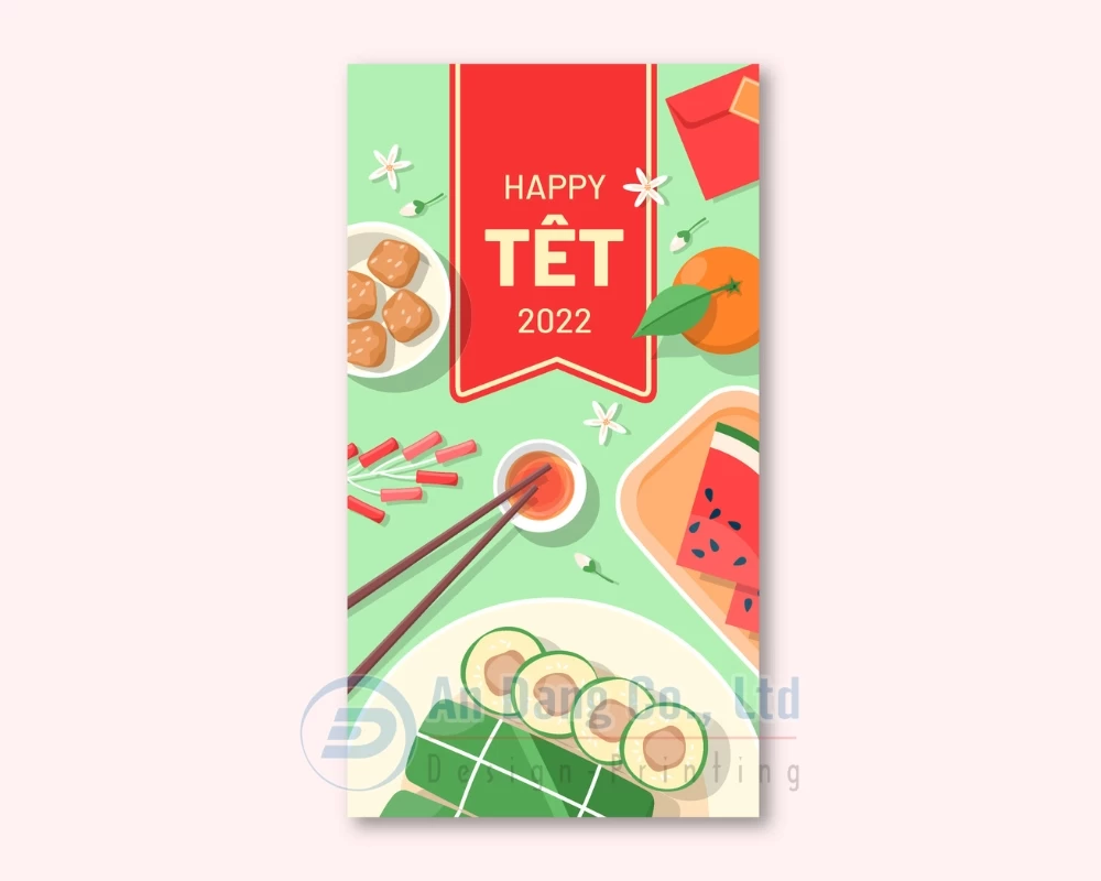 Hình bao lì xì cute minh họa bàn ăn ngày Tết với màu sắc tươi sáng kiểu 3