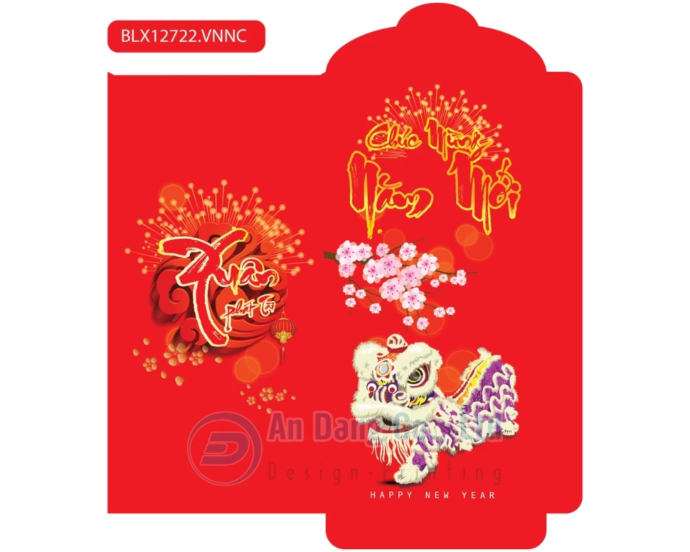 Mẫu bao lì xì cao cấp có hình vẽ con lân, cây đào cùng câu chúc “chúc mừng năm mới” và “xuân phát tài”