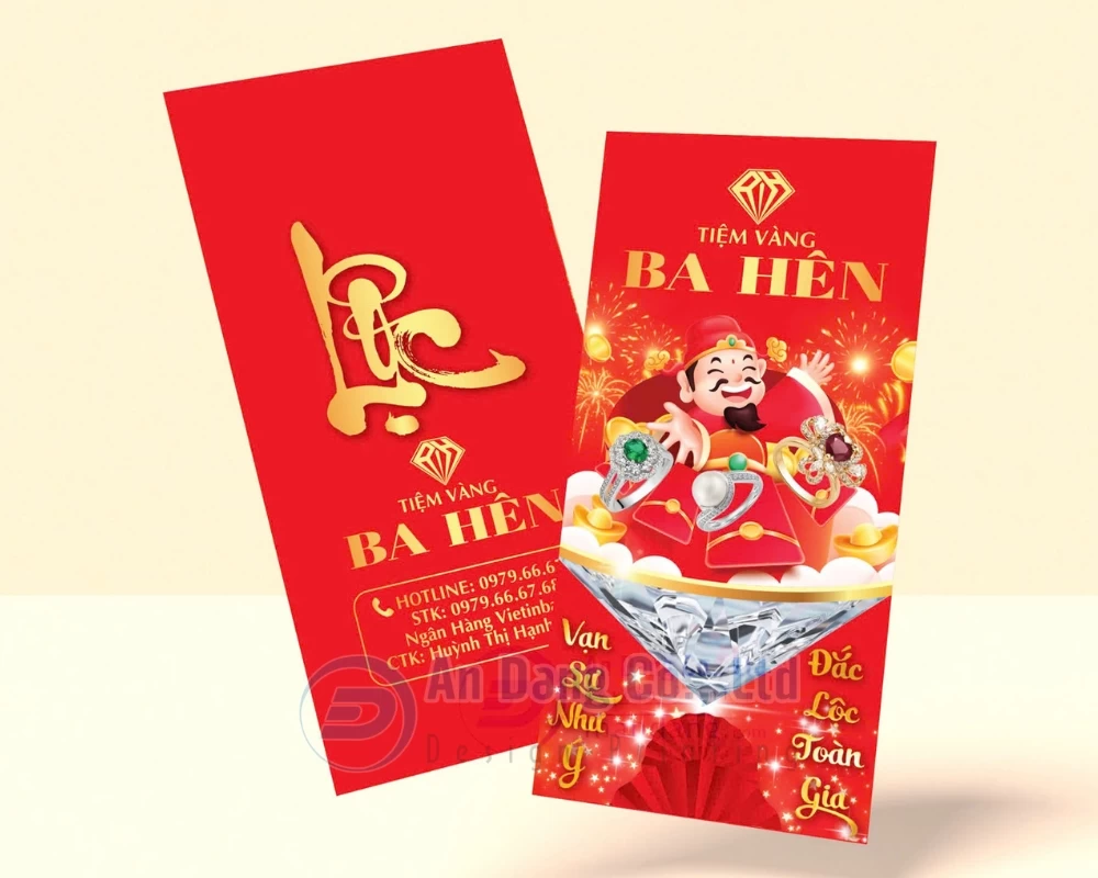 Mẫu bao lì xì sang trọng được In An Đăng thiết kế theo yêu cầu cho tiệm vàng Ba Hên