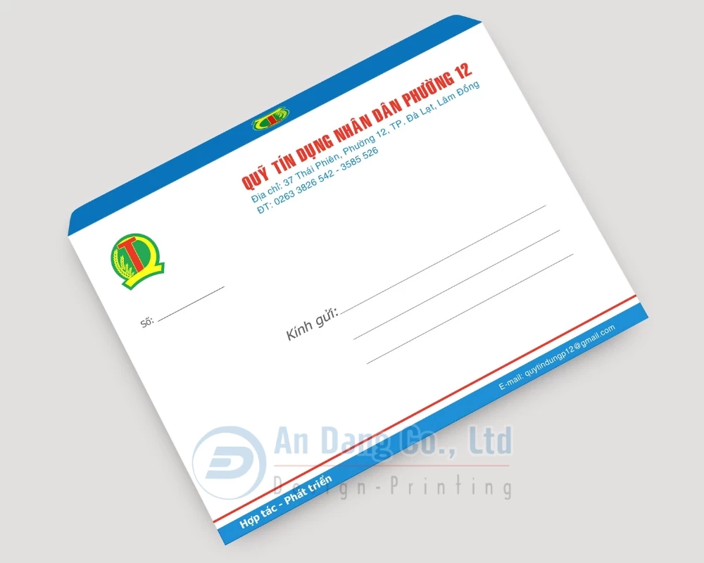 Mẫu bao thư đẹp do In An Đăng thiết kế cho đơn vị quỹ tín dụng nhân dân phường 12