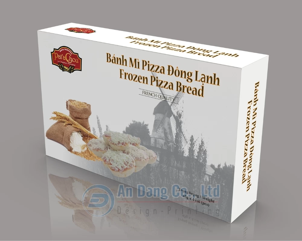 Mẫu hộp giấy đẹp đựng bánh mì pizza đông lạnh phiên bản màu trắng do In An Đăng thiết kế