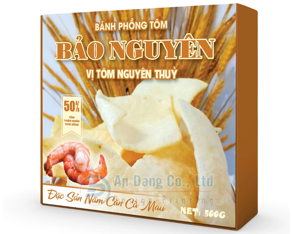Mẫu hộp giấy 2 nắp gài đựng bánh phồng tôm Bảo Nguyên