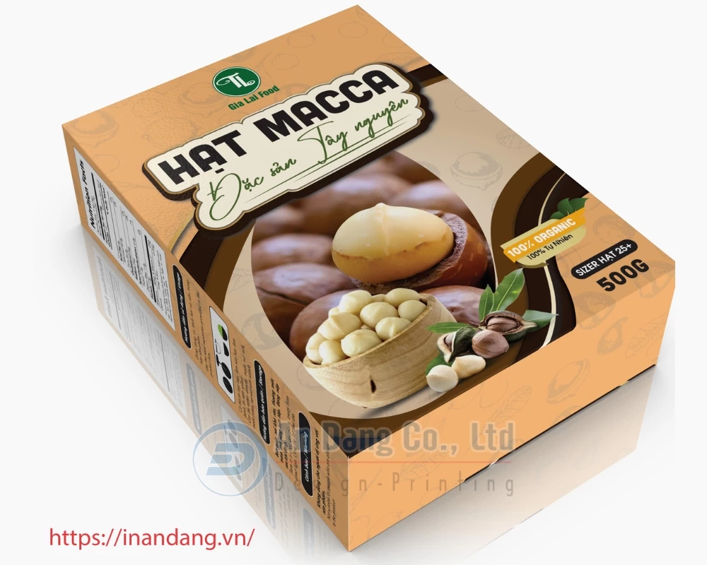 Mẫu hộp giấy đựng hạt macca do In An Đăng thiết kế cho thương hiệu Gia Lai Food