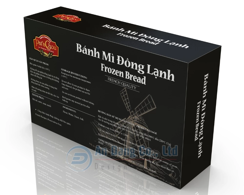 Mẫu hộp giấy đựng bánh mì đông lạnh có in đầy đủ thông tin sản phẩm