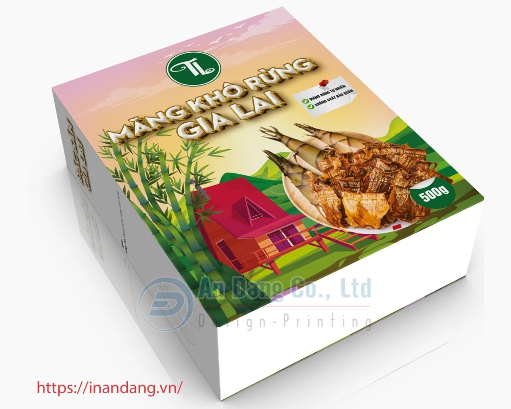 Mẫu hộp giấy đựng măng khô rừng do In An Đăng thiết kế cho thương hiệu Gia Lai Food