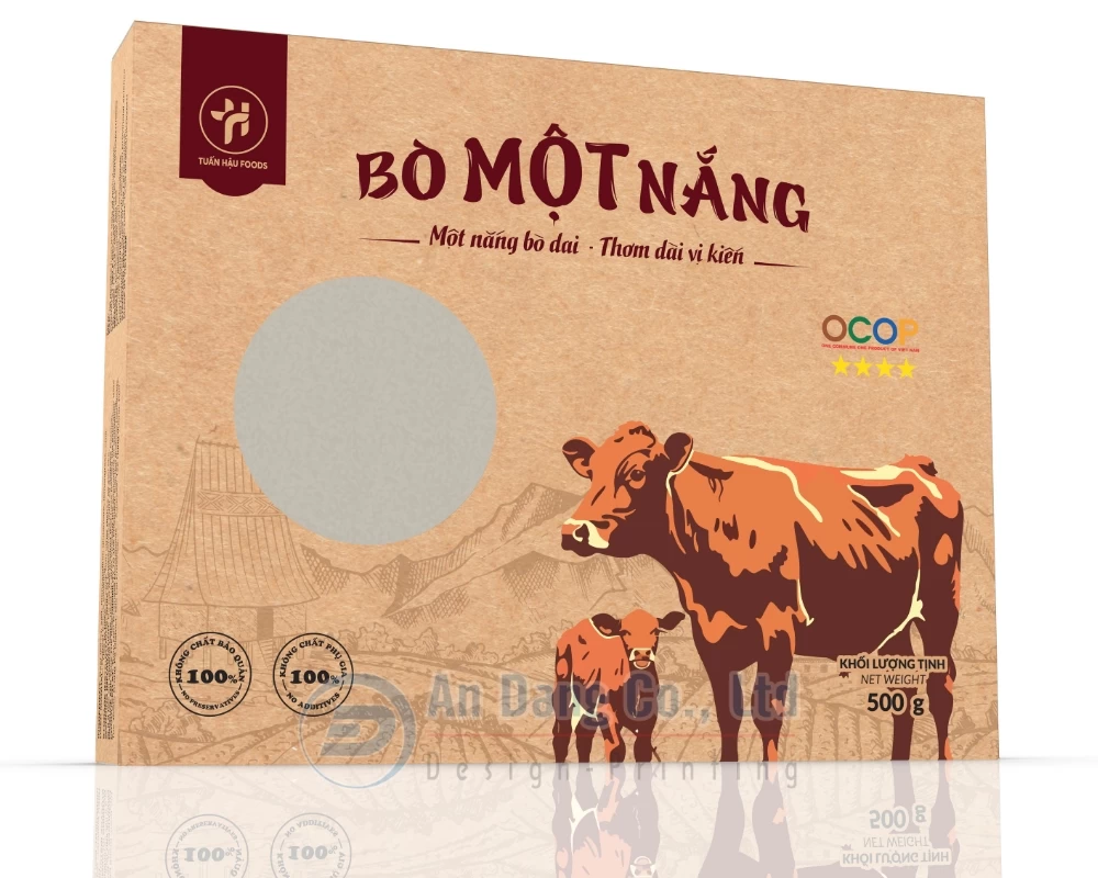 Mẫu hộp giấy đẹp đựng bò một nắng do In An Đăng thiết kế cho thương hiệu Tuấn Hậu Foods