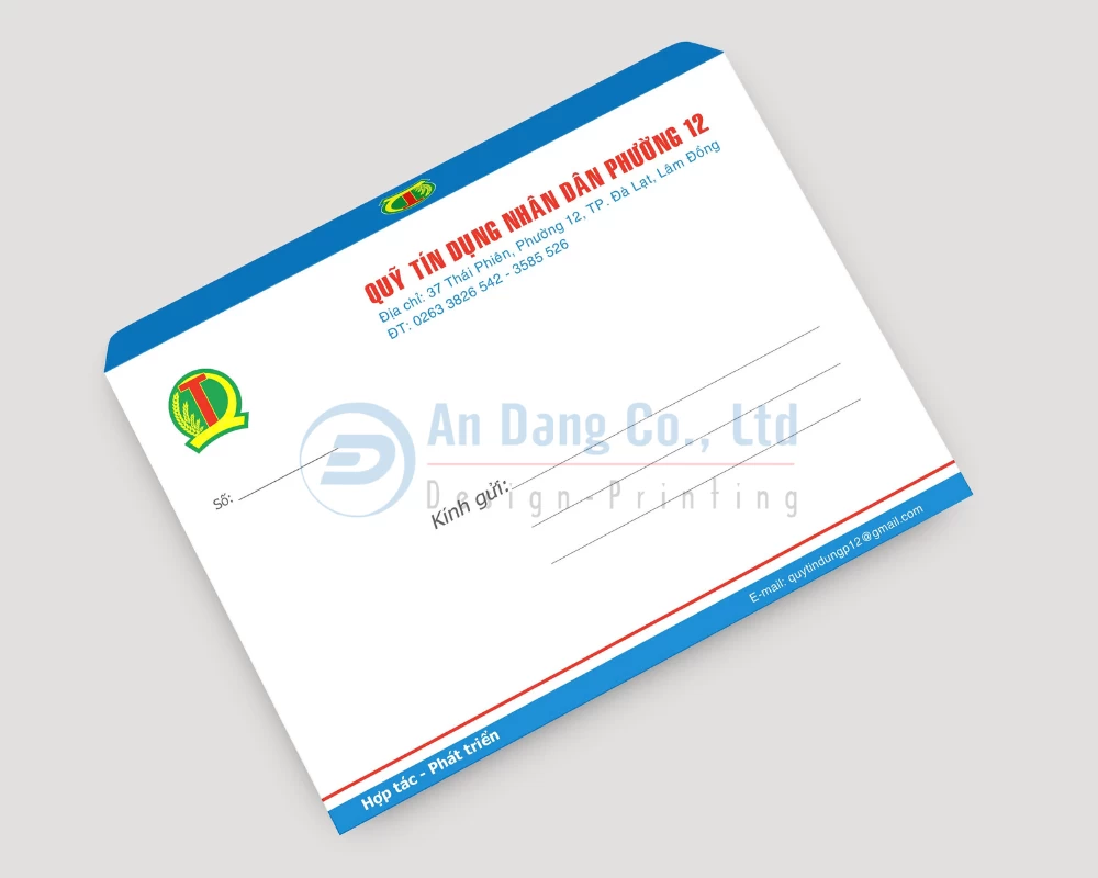Mẫu phong bì thư do In An Đăng thiết kế cho Quỹ tín dụng nhân dân phường 12 TP. Đà Lạt