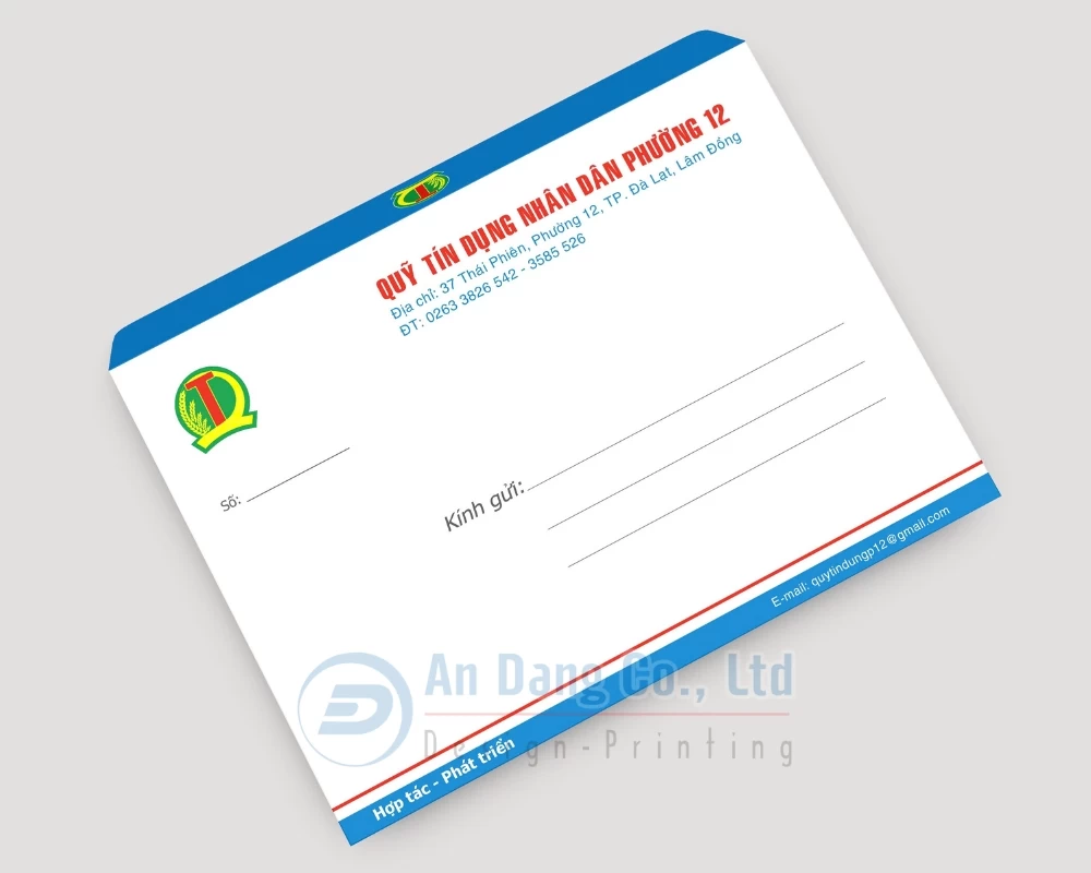 Mẫu bao thư cơ quan do In An Đăng thiết kế cho Quỹ tín dụng nhân dân phường 12