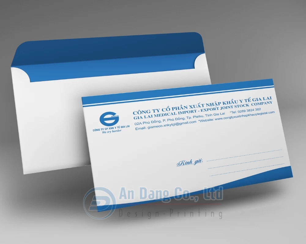 Mẫu bao thư bưu điện cho công ty Cổ Phần Xuất Nhập Khẩu Y Tế Gia Lai